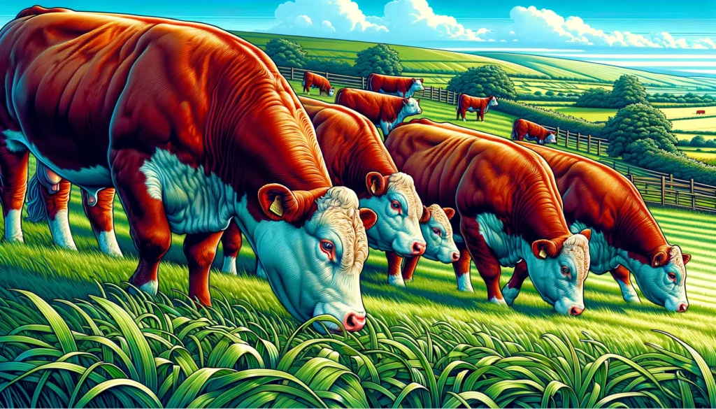 Hereford Cattle A detailed and vivid illustration of Hereford cattle. The scene showcases a group of Hereford cows and bulls grazing in a lush green pasture. The catt (2)