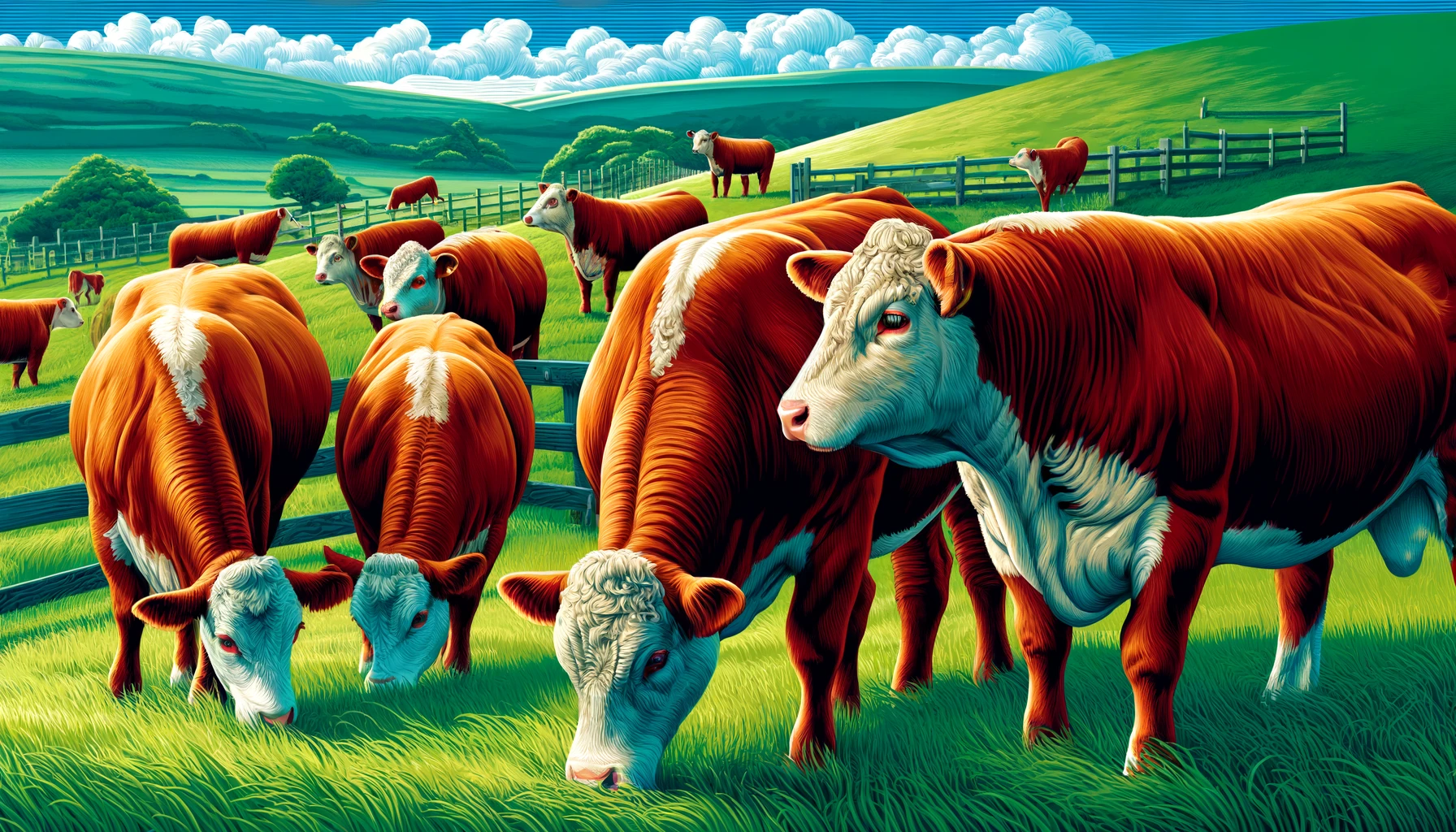 Hereford Cattle A detailed and vivid illustration of Hereford cattle. The scene showcases a group of Hereford cows and bulls grazing in a lush green pasture. The catt (1)